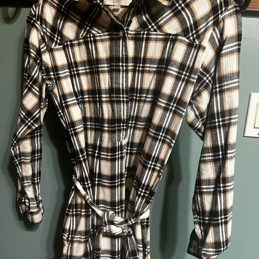 NWOT LOFT Black and Tan Plaid Shirt Dress